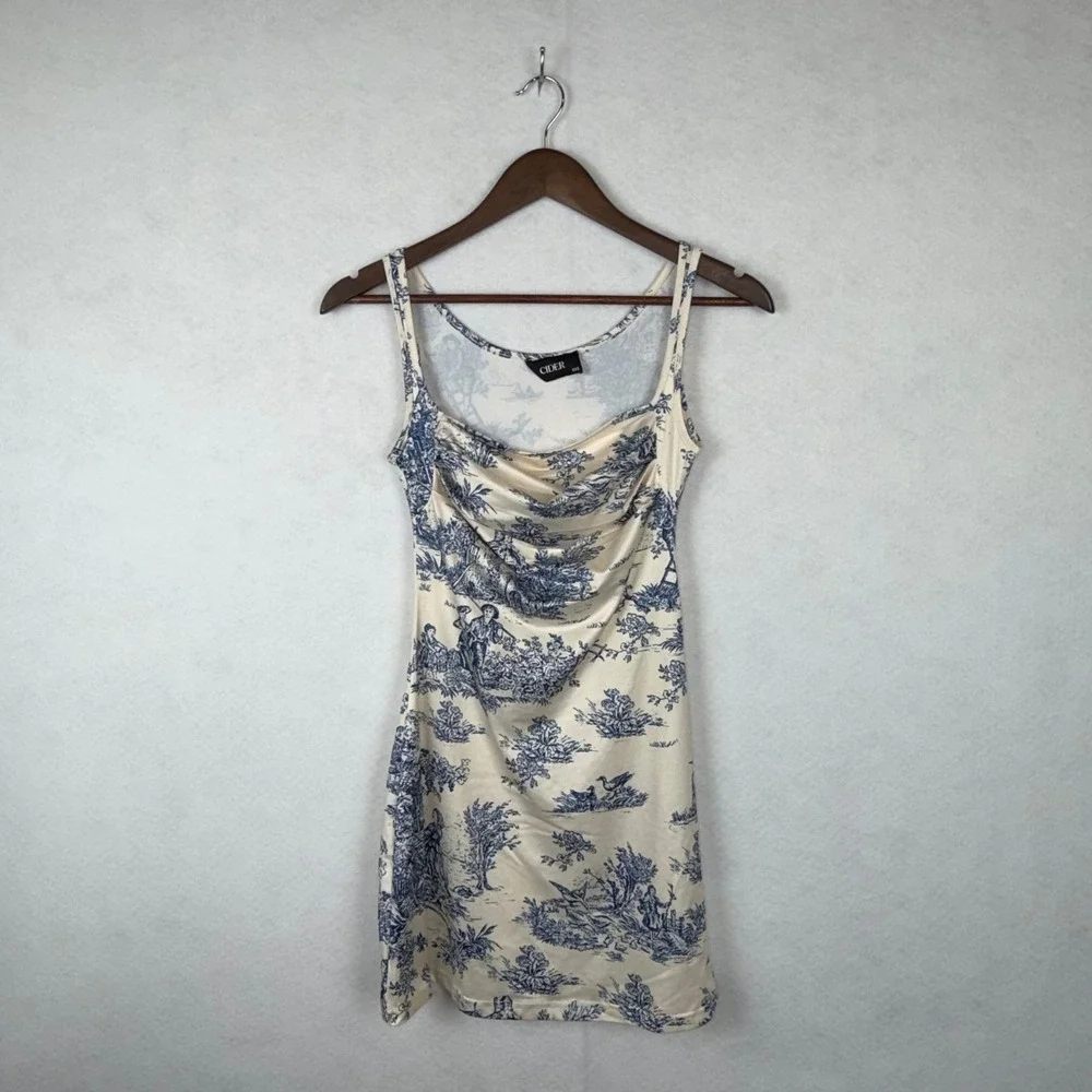 Cider Toile De Jouy Mini Dress Womens XXS Blue Cream Cowl Bodycon Cottagecore
